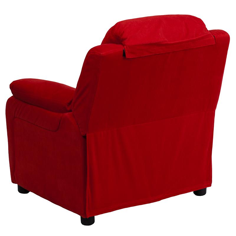 Deluxe Padded Contemporary Red Microfiber Kids Recliner with Storage Arms. Picture 3
