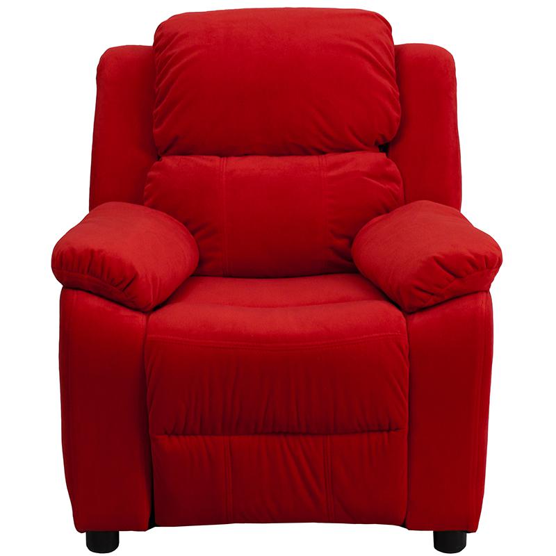 Deluxe Padded Contemporary Red Microfiber Kids Recliner with Storage Arms. Picture 4