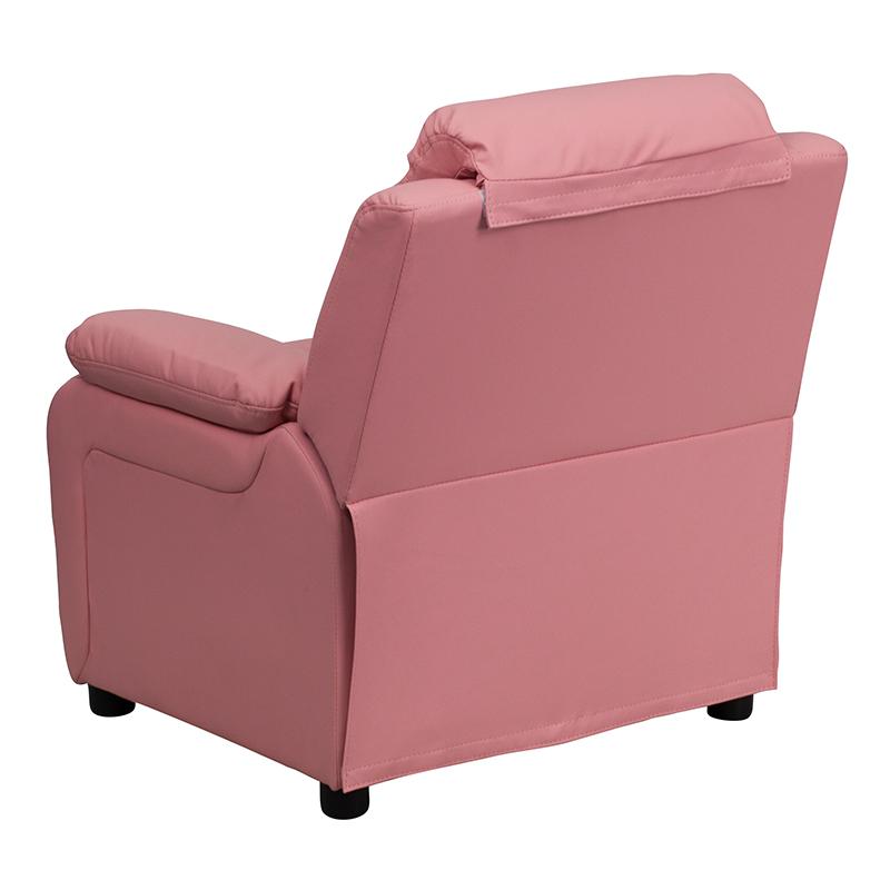 Deluxe Padded Contemporary Pink Vinyl Kids Recliner with Storage Arms. Picture 3