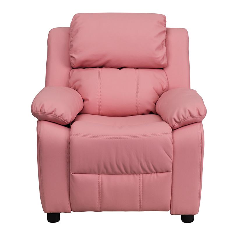 Deluxe Padded Contemporary Pink Vinyl Kids Recliner with Storage Arms. Picture 4