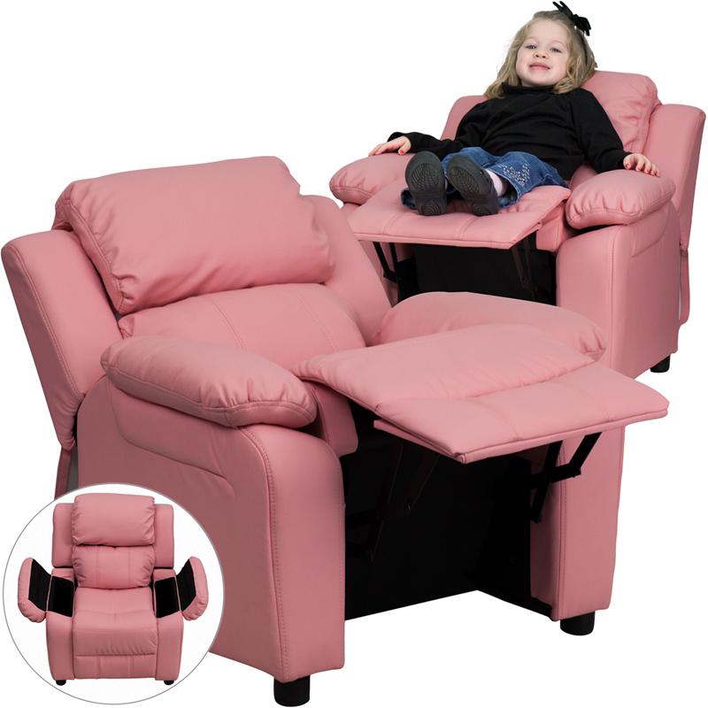 Deluxe Padded Contemporary Pink Vinyl Kids Recliner with Storage Arms. Picture 1
