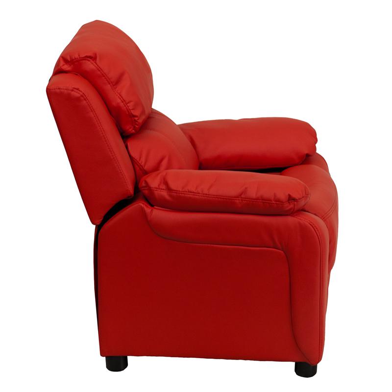 Deluxe Padded Contemporary Red Vinyl Kids Recliner with Storage Arms. Picture 2