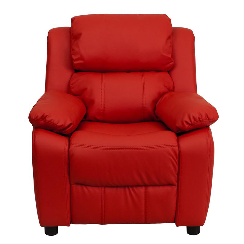 Deluxe Padded Contemporary Red Vinyl Kids Recliner with Storage Arms. Picture 4