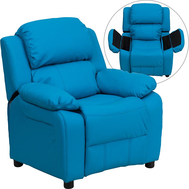 Deluxe Padded Contemporary Turquoise Vinyl Kids Recliner with Storage Arms. Picture 5