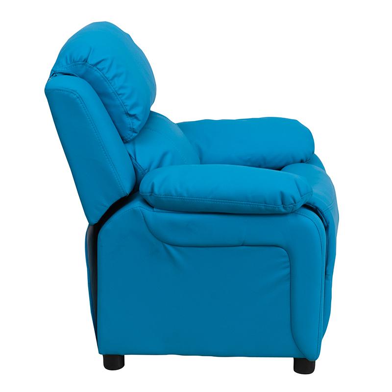 Deluxe Padded Contemporary Turquoise Vinyl Kids Recliner with Storage Arms. Picture 2