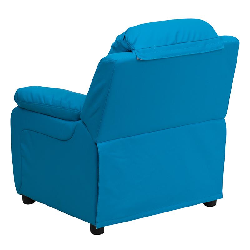 Deluxe Padded Contemporary Turquoise Vinyl Kids Recliner with Storage Arms. Picture 3