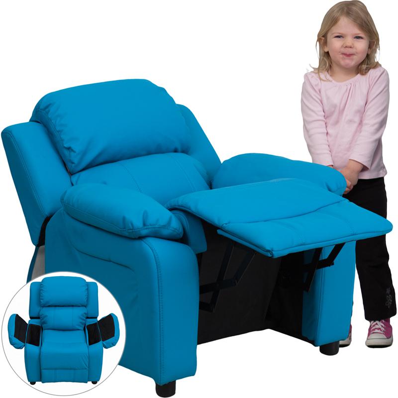 Deluxe Padded Contemporary Turquoise Vinyl Kids Recliner with Storage Arms. The main picture.