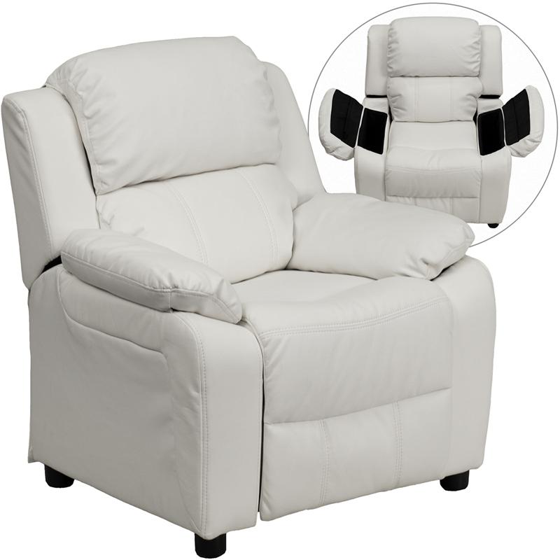 Deluxe Padded Contemporary White Vinyl Kids Recliner with Storage Arms. The main picture.