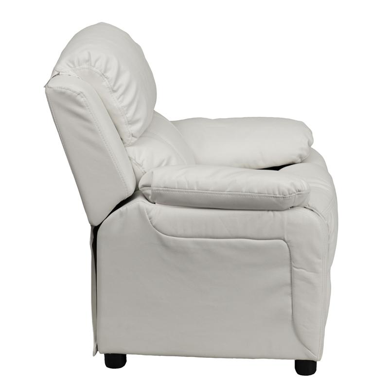 Deluxe Padded Contemporary White Vinyl Kids Recliner with Storage Arms. Picture 2