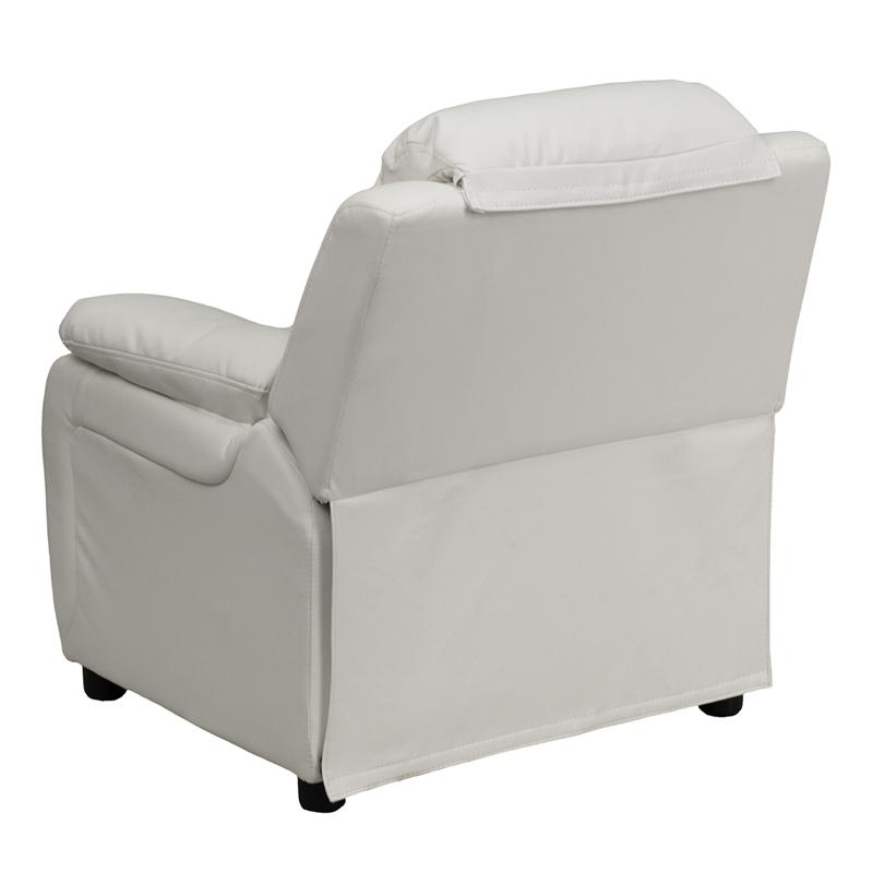 Deluxe Padded Contemporary White Vinyl Kids Recliner with Storage Arms. Picture 3