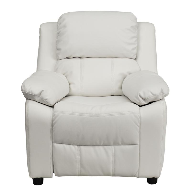 Deluxe Padded Contemporary White Vinyl Kids Recliner with Storage Arms. Picture 4
