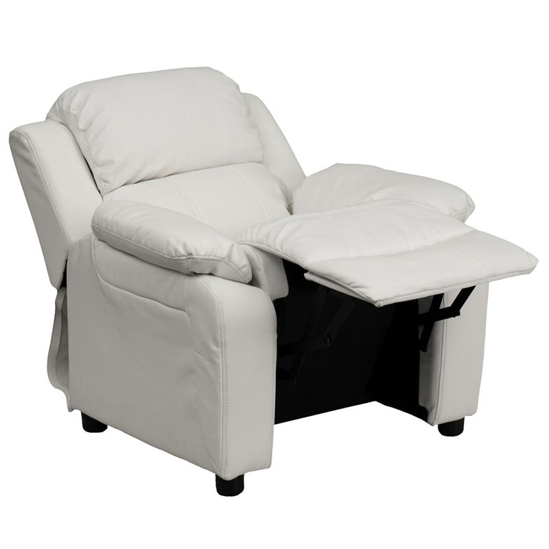 Deluxe Padded Contemporary White Vinyl Kids Recliner with Storage Arms. Picture 5