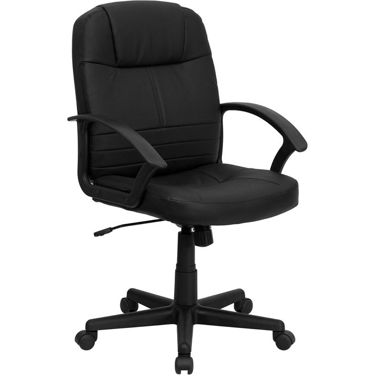 Mid-Back Black Leather Executive Swivel Office Chair with Rounded Back and Arms. The main picture.