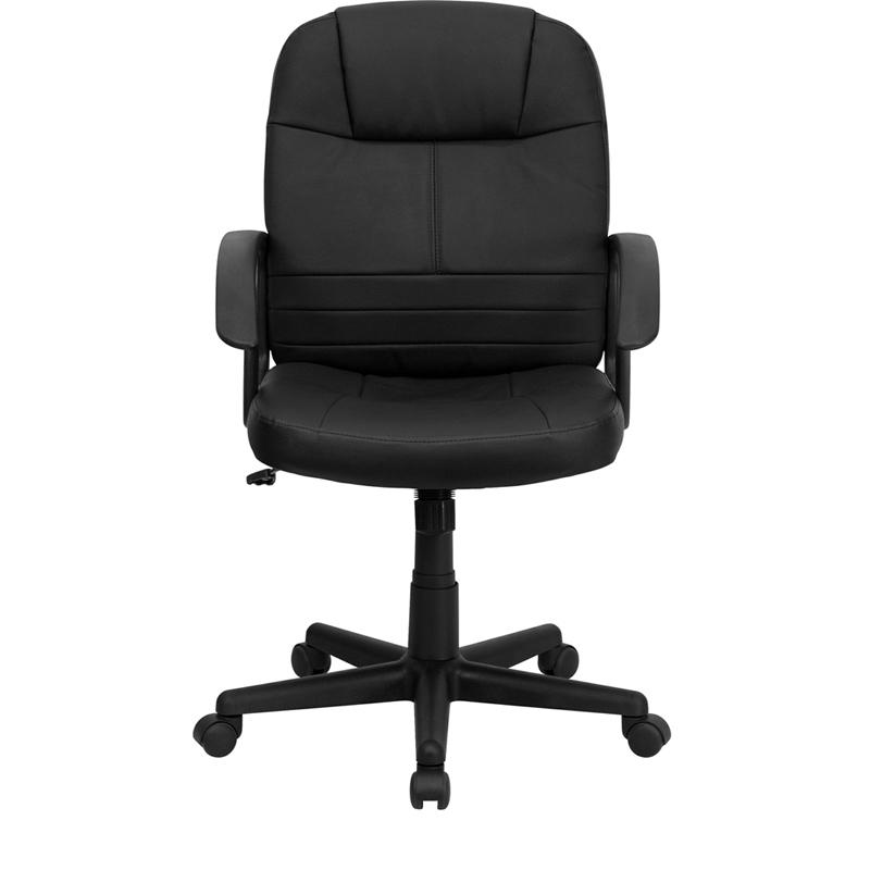 Mid-Back Black Leather Executive Swivel Office Chair with Rounded Back and Arms. Picture 4