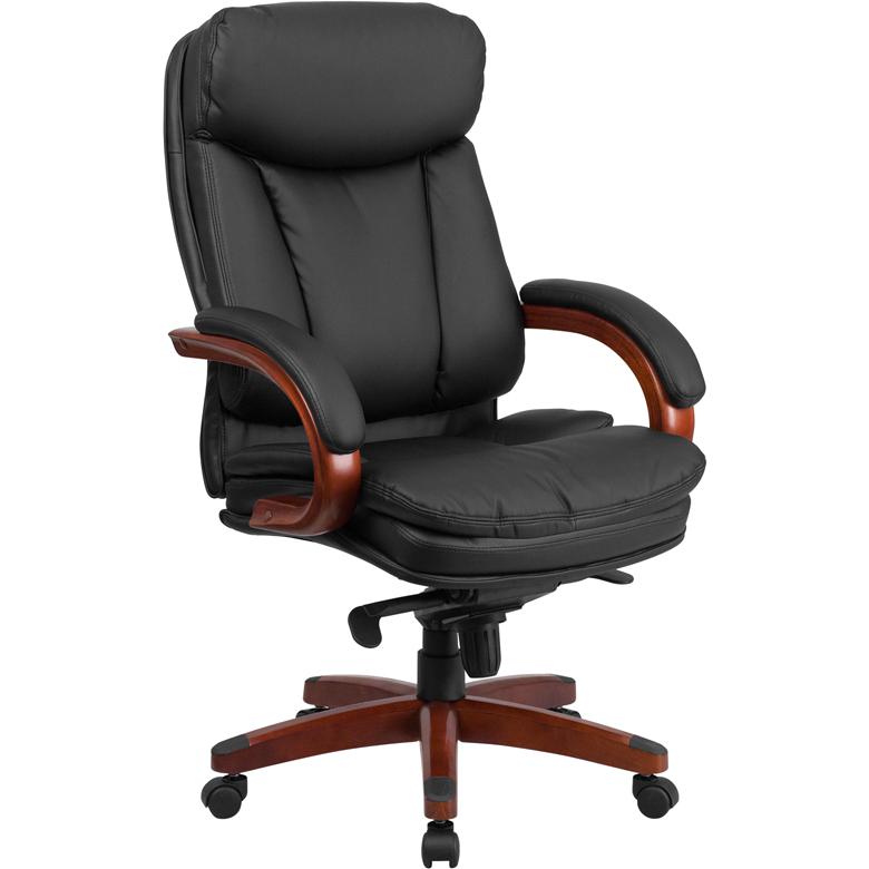 High Back Black LeatherSoft Executive Ergonomic Office Chair with Synchro-Tilt Mechanism, Mahogany Wood Base and Arms. The main picture.