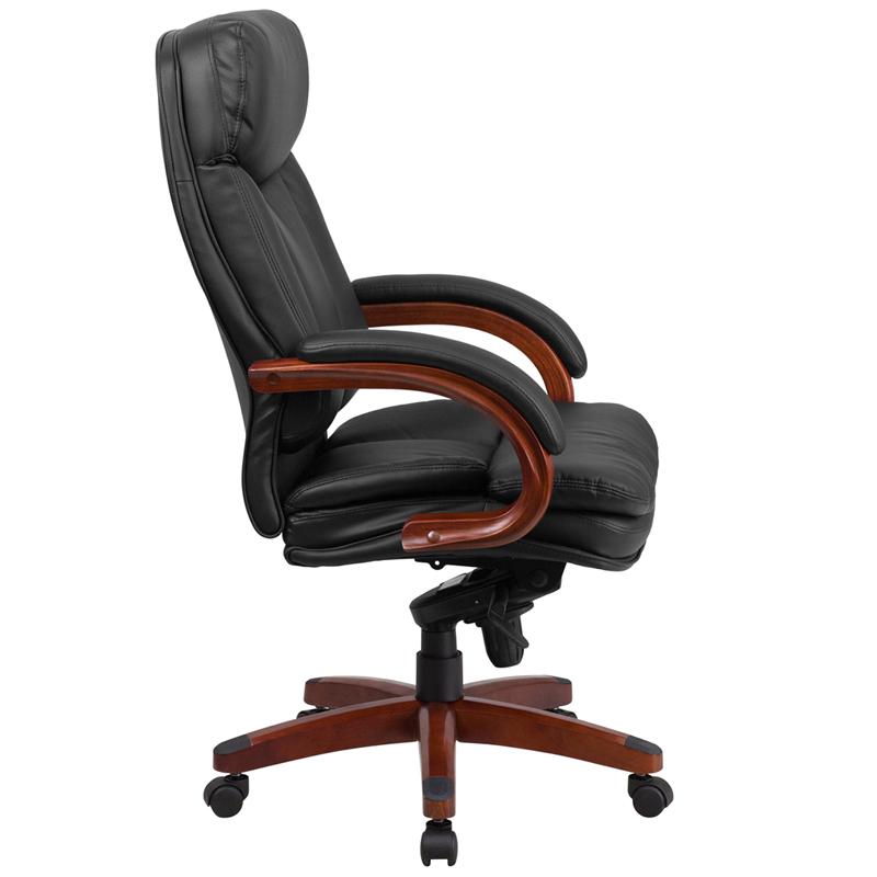 High Back Black LeatherSoft Executive Ergonomic Office Chair with Synchro-Tilt Mechanism, Mahogany Wood Base and Arms. Picture 2