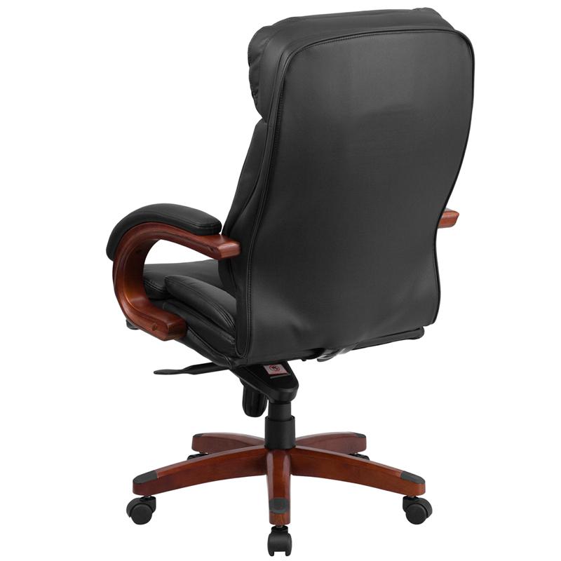High Back Black LeatherSoft Executive Ergonomic Office Chair with Synchro-Tilt Mechanism, Mahogany Wood Base and Arms. Picture 3