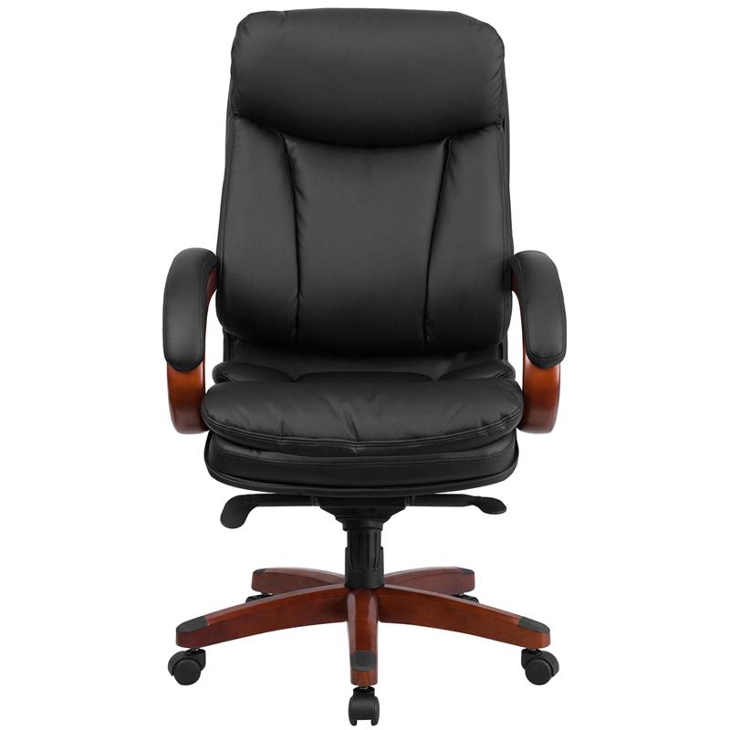 High Back Black LeatherSoft Executive Ergonomic Office Chair with Synchro-Tilt Mechanism, Mahogany Wood Base and Arms. Picture 4