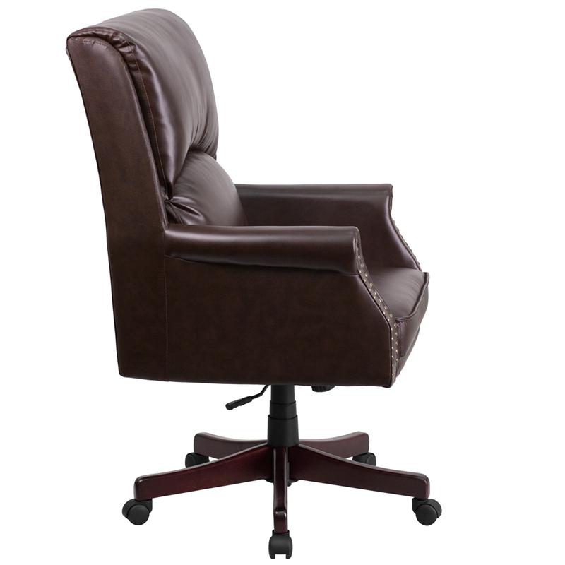 High Back Pillow Back Brown LeatherSoft Executive Swivel Office Chair with Arms. Picture 2