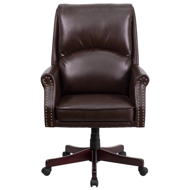 High Back Pillow Back Brown LeatherSoft Executive Swivel Office Chair with Arms. Picture 4