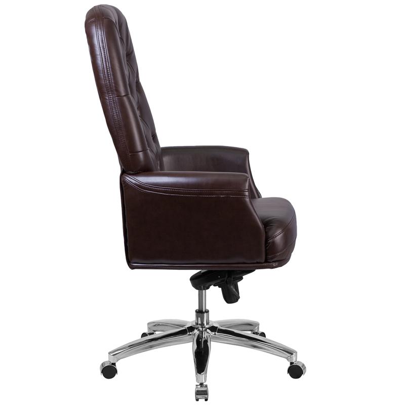 High Back Traditional Tufted Brown LeatherSoft Multifunction Executive Swivel Ergonomic Office Chair with Arms. Picture 2