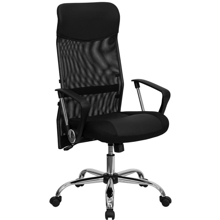 High Back Black Leather and Mesh Swivel Task Office Chair with Arms. Picture 1