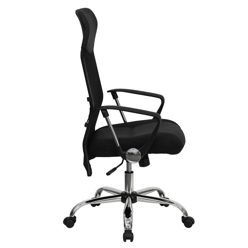 High Back Black Leather and Mesh Swivel Task Office Chair with Arms. Picture 2