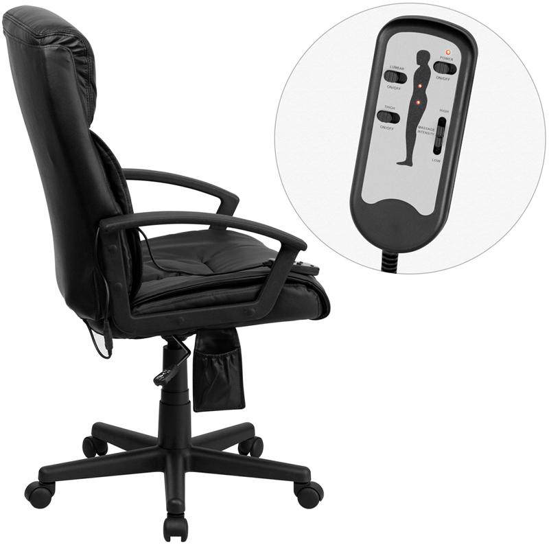 High Back Ergonomic Massaging Black LeatherSoft Executive Swivel Office Chair with Side Remote Pocket and Arms. Picture 2