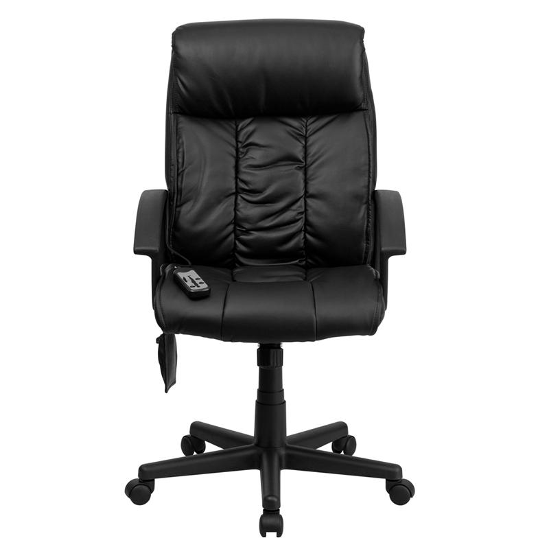 High Back Ergonomic Massaging Black LeatherSoft Executive Swivel Office Chair with Side Remote Pocket and Arms. Picture 4