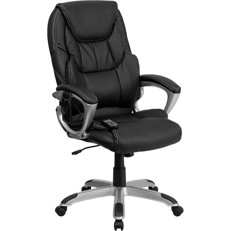 High Back Ergonomic Massaging Black LeatherSoft Executive Swivel Office Chair with Silver Base and Arms. Picture 1
