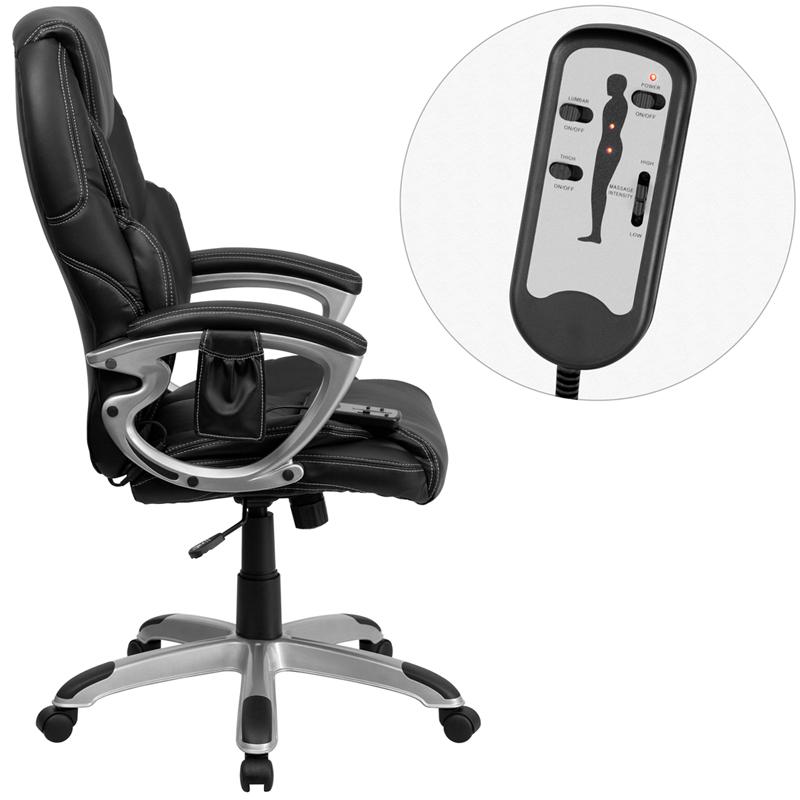 High Back Ergonomic Massaging Black LeatherSoft Executive Swivel Office Chair with Silver Base and Arms. Picture 2