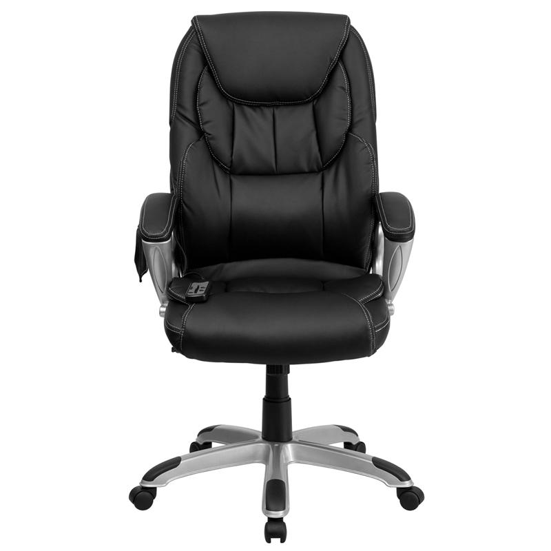 High Back Ergonomic Massaging Black LeatherSoft Executive Swivel Office Chair with Silver Base and Arms. Picture 4