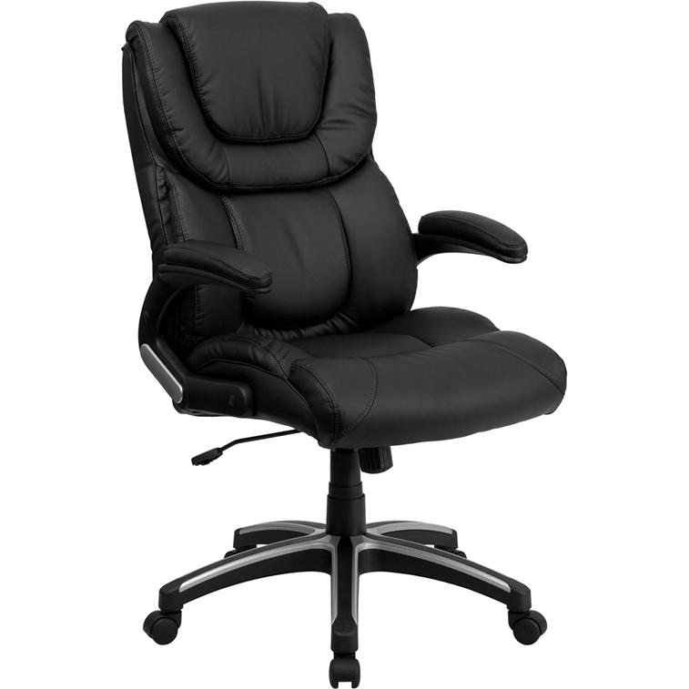 High Back Black LeatherSoft Executive Swivel Office Chair with Double Layered Headrest and Open Arms. Picture 1