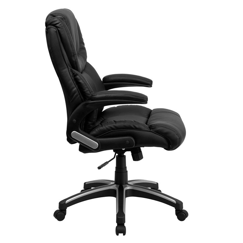 High Back Black LeatherSoft Executive Swivel Office Chair with Double Layered Headrest and Open Arms. Picture 2
