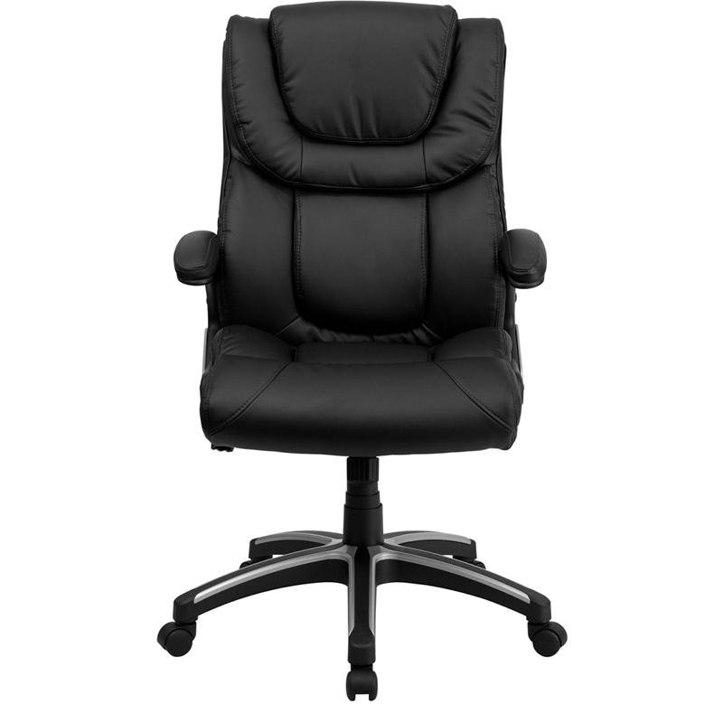 High Back Black LeatherSoft Executive Swivel Office Chair with Double Layered Headrest and Open Arms. Picture 4