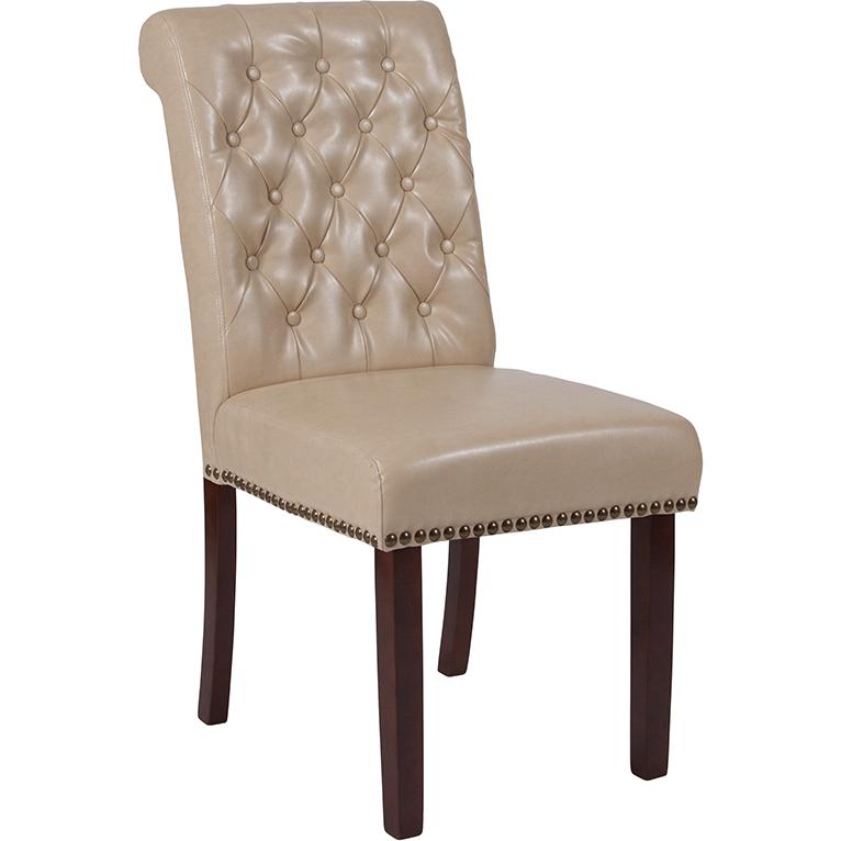 HERCULES Series Beige LeatherSoft Parsons Chair with Rolled Back, Accent Nail Trim and Walnut Finish. Picture 1