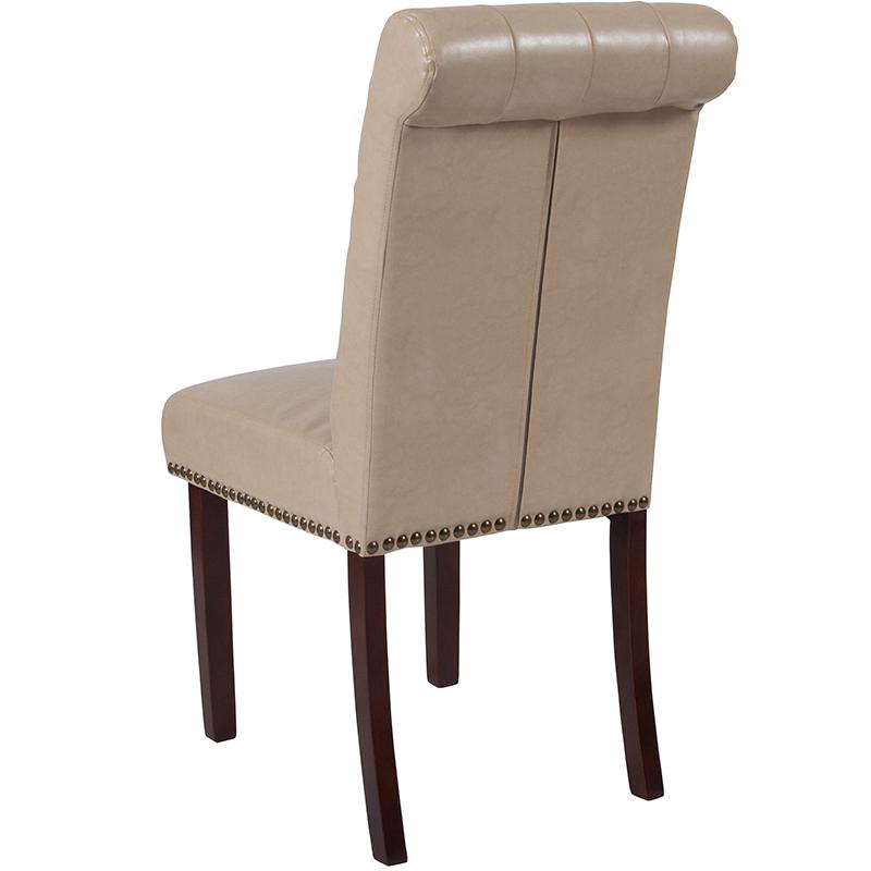 HERCULES Series Beige LeatherSoft Parsons Chair with Rolled Back, Accent Nail Trim and Walnut Finish. Picture 3