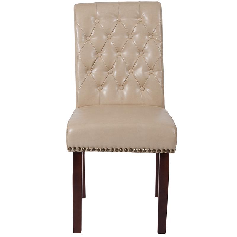 HERCULES Series Beige LeatherSoft Parsons Chair with Rolled Back, Accent Nail Trim and Walnut Finish. Picture 4