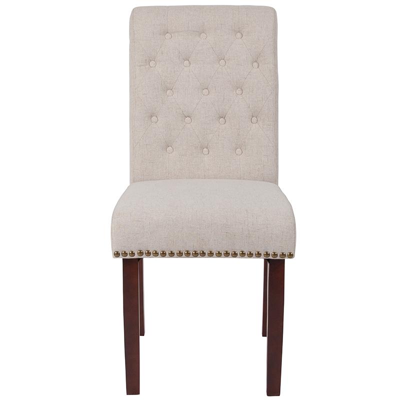 Beige Fabric Parsons Chair with Rolled Back, Accent Nail Trim and Walnut Finish. Picture 4