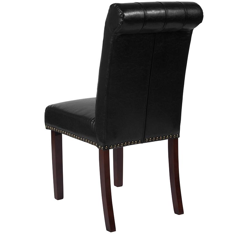 HERCULES Series Black LeatherSoft Parsons Chair with Rolled Back, Accent Nail Trim and Walnut Finish. Picture 3