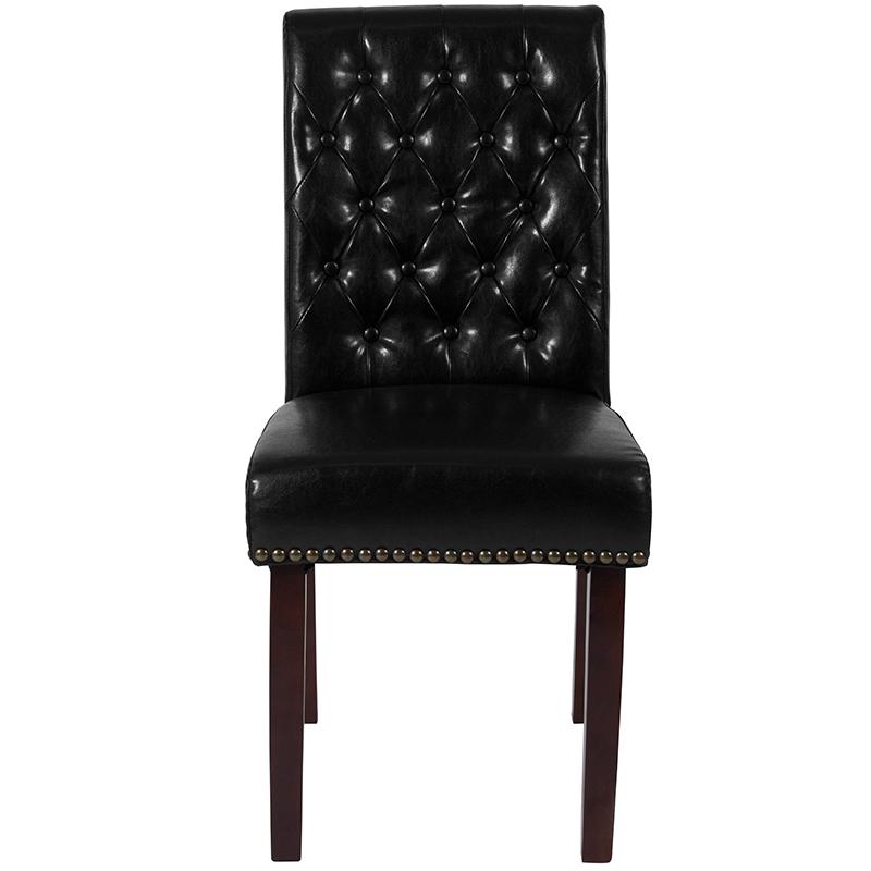 HERCULES Series Black LeatherSoft Parsons Chair with Rolled Back, Accent Nail Trim and Walnut Finish. Picture 4