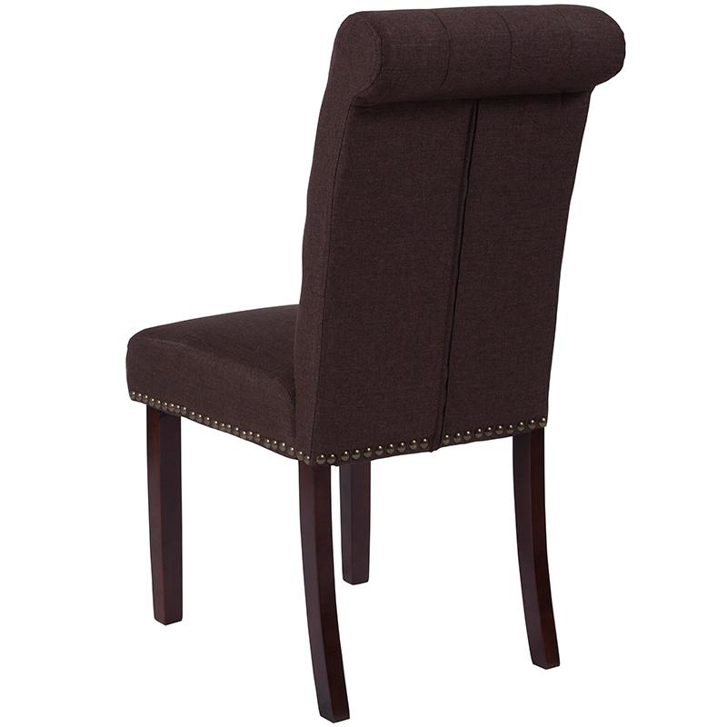 HERCULES Series Brown Fabric Parsons Chair with Rolled Back, Accent Nail Trim and Walnut Finish. Picture 3