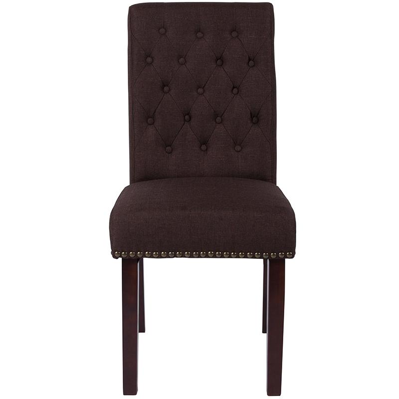 HERCULES Series Brown Fabric Parsons Chair with Rolled Back, Accent Nail Trim and Walnut Finish. Picture 4