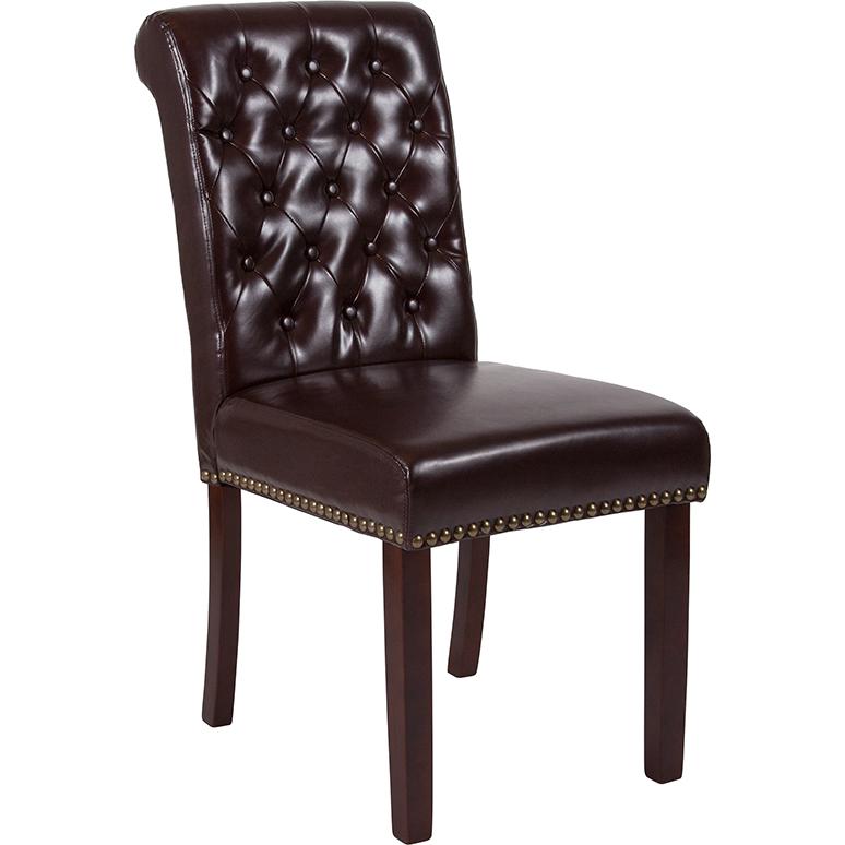HERCULES Series Brown LeatherSoft Parsons Chair with Rolled Back, Accent Nail Trim and Walnut Finish. Picture 1