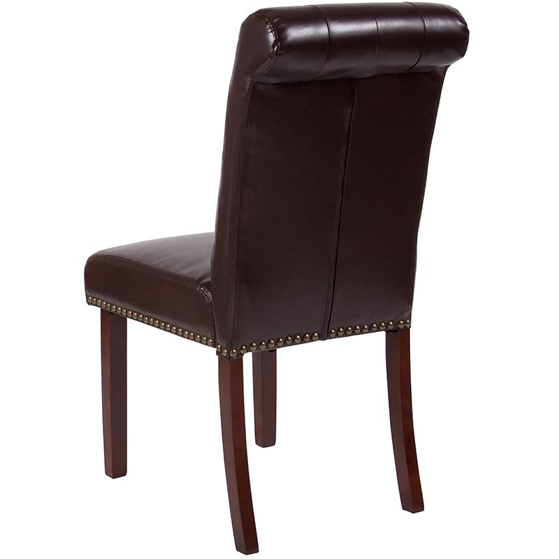 HERCULES Series Brown LeatherSoft Parsons Chair with Rolled Back, Accent Nail Trim and Walnut Finish. Picture 3