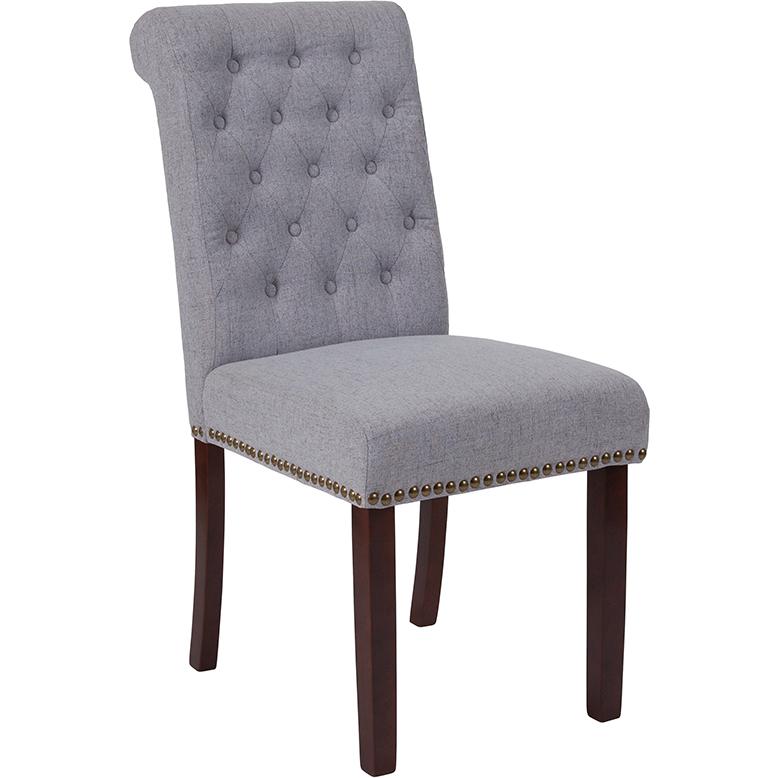 HERCULES Series Light Gray Fabric Parsons Chair with Rolled Back, Accent Nail Trim and Walnut Finish. Picture 1