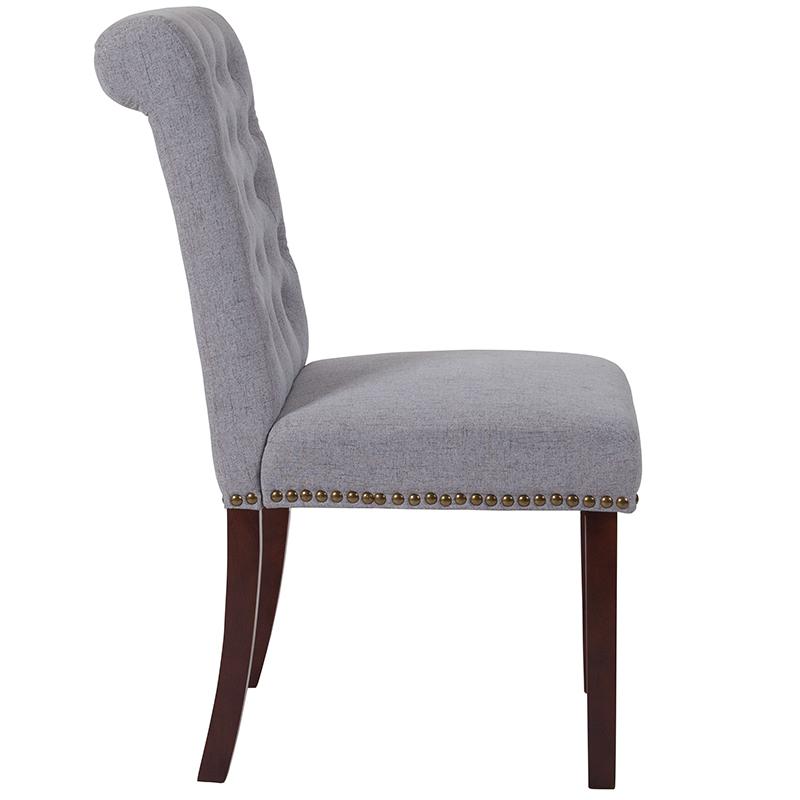 HERCULES Series Light Gray Fabric Parsons Chair with Rolled Back, Accent Nail Trim and Walnut Finish. Picture 2