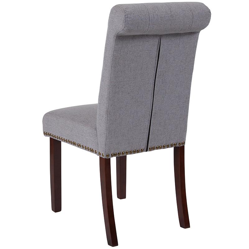 HERCULES Series Light Gray Fabric Parsons Chair with Rolled Back, Accent Nail Trim and Walnut Finish. Picture 3