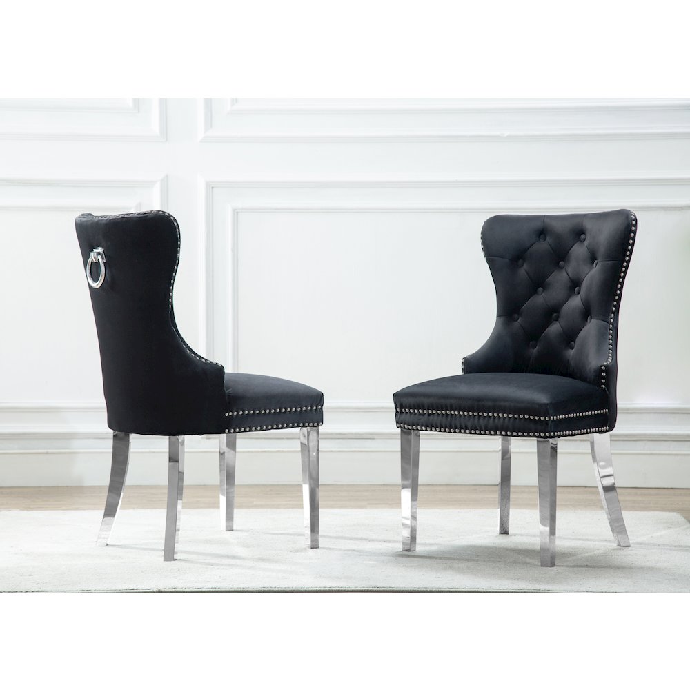 Velvet Tufted Dining Chair, Stainless Steel Legs (Set of 2) - Black. Picture 1
