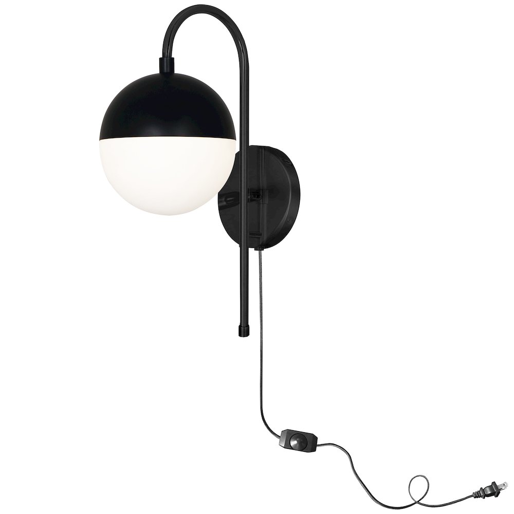1 Light Halogen Wall Sconce, Matte Black with White Glass, Hardwire or Plug-In. Picture 2